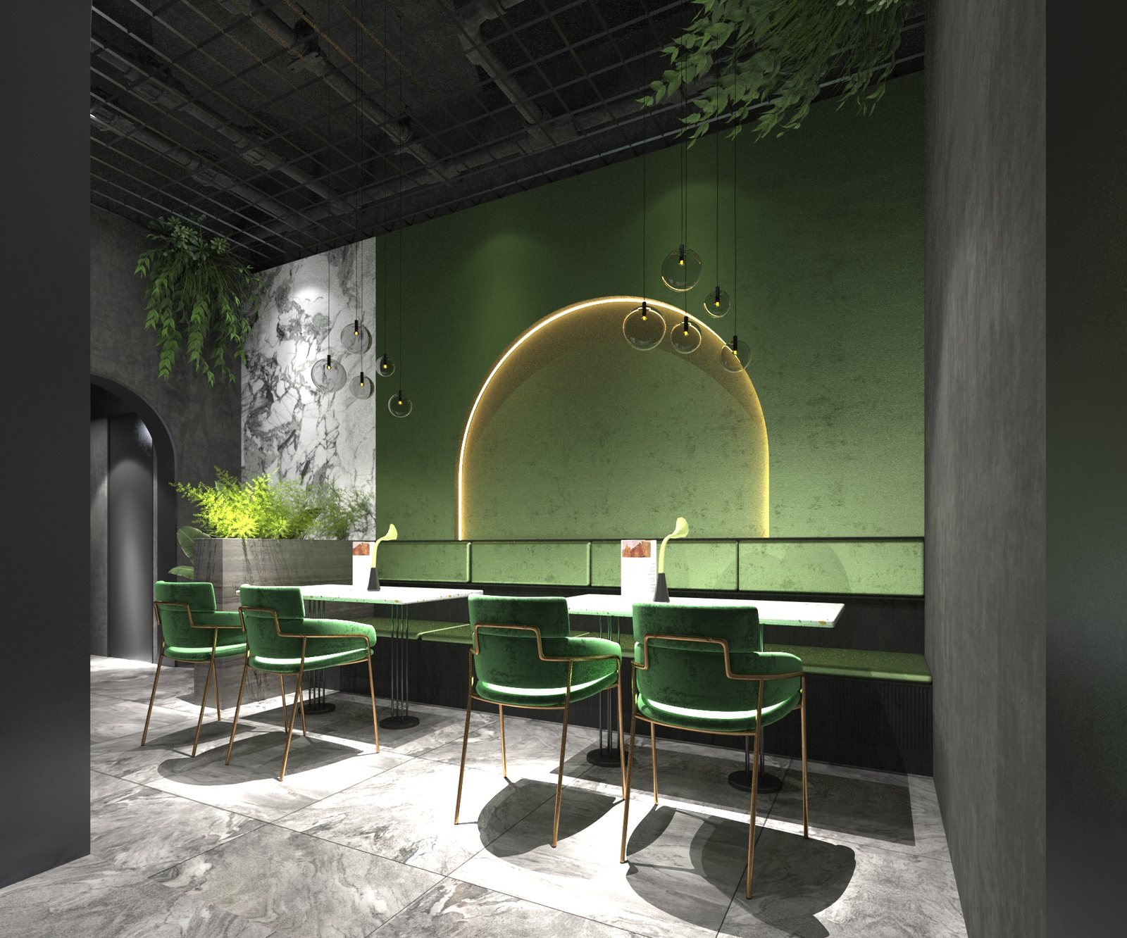 Industrial-style restaurant, dining tables