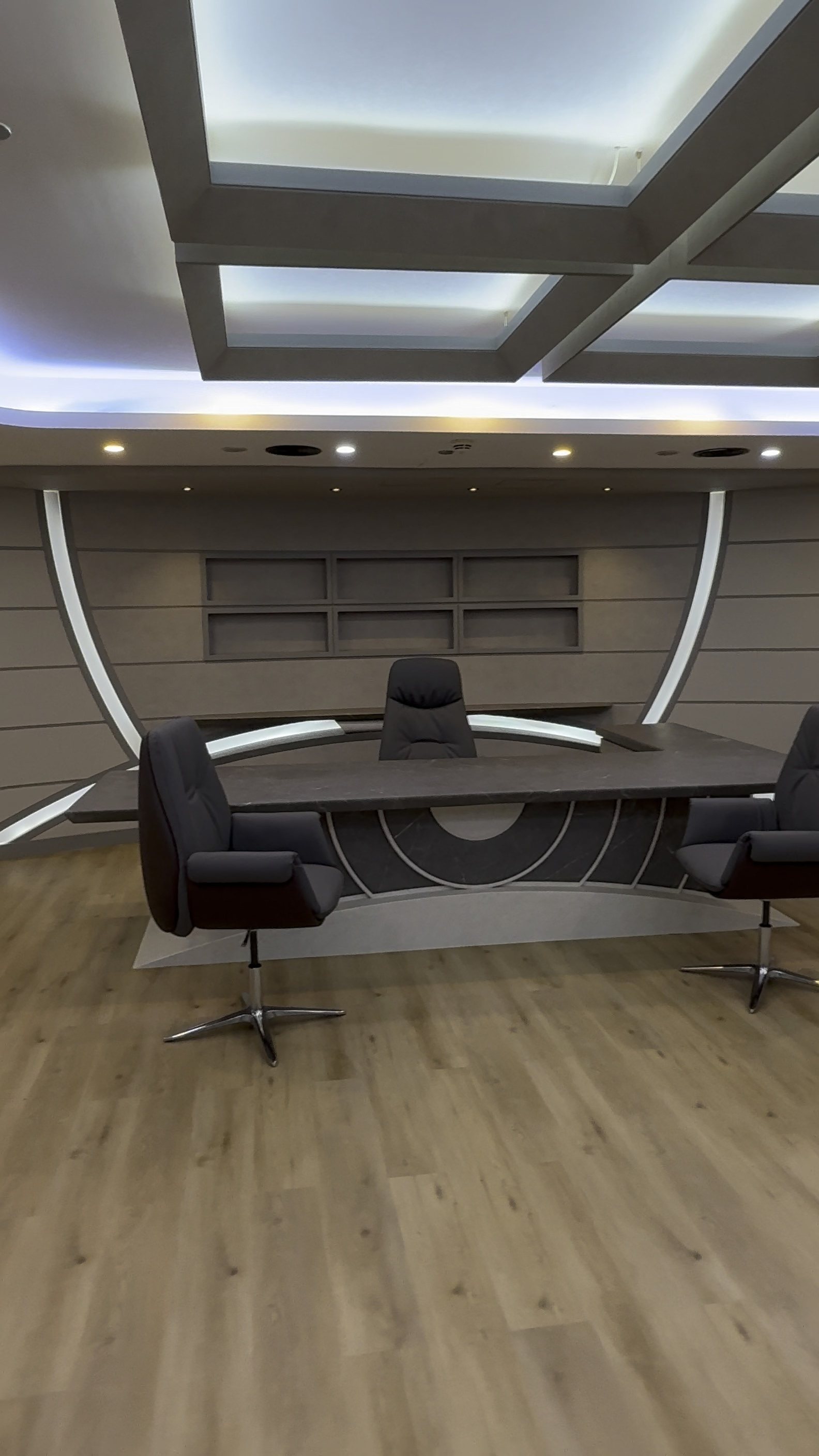 Vinyl-wrapped office desk and joinery, wood-grain finish